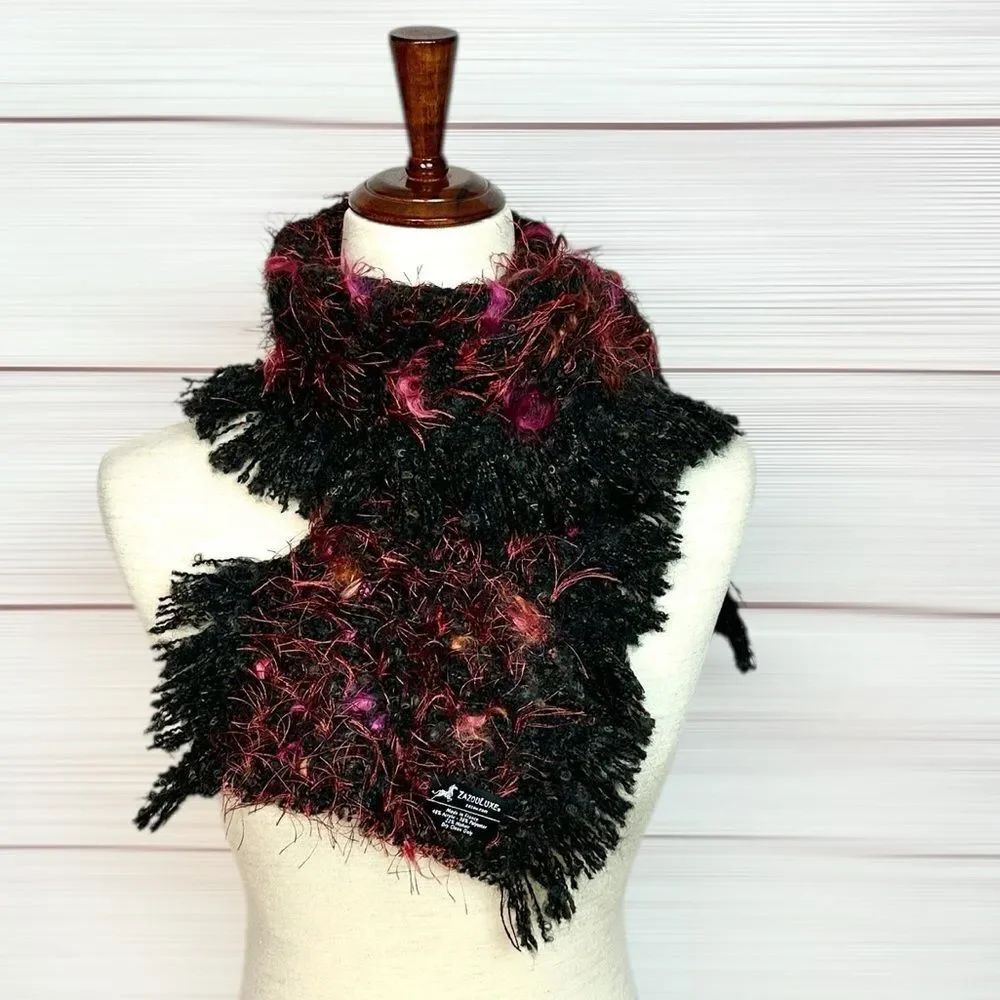NWOT Mohair Scarf Zazou Luxe Black Burgundy Soft Fancy Yarn made in France